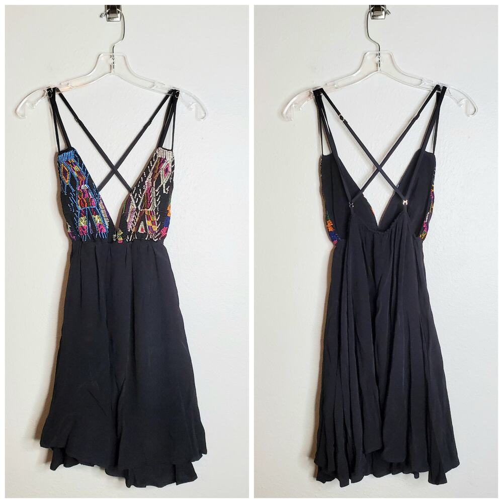 Boho Flowy Embroidered Babydoll Mini Swing Dress Black Size M For Love & Lemons